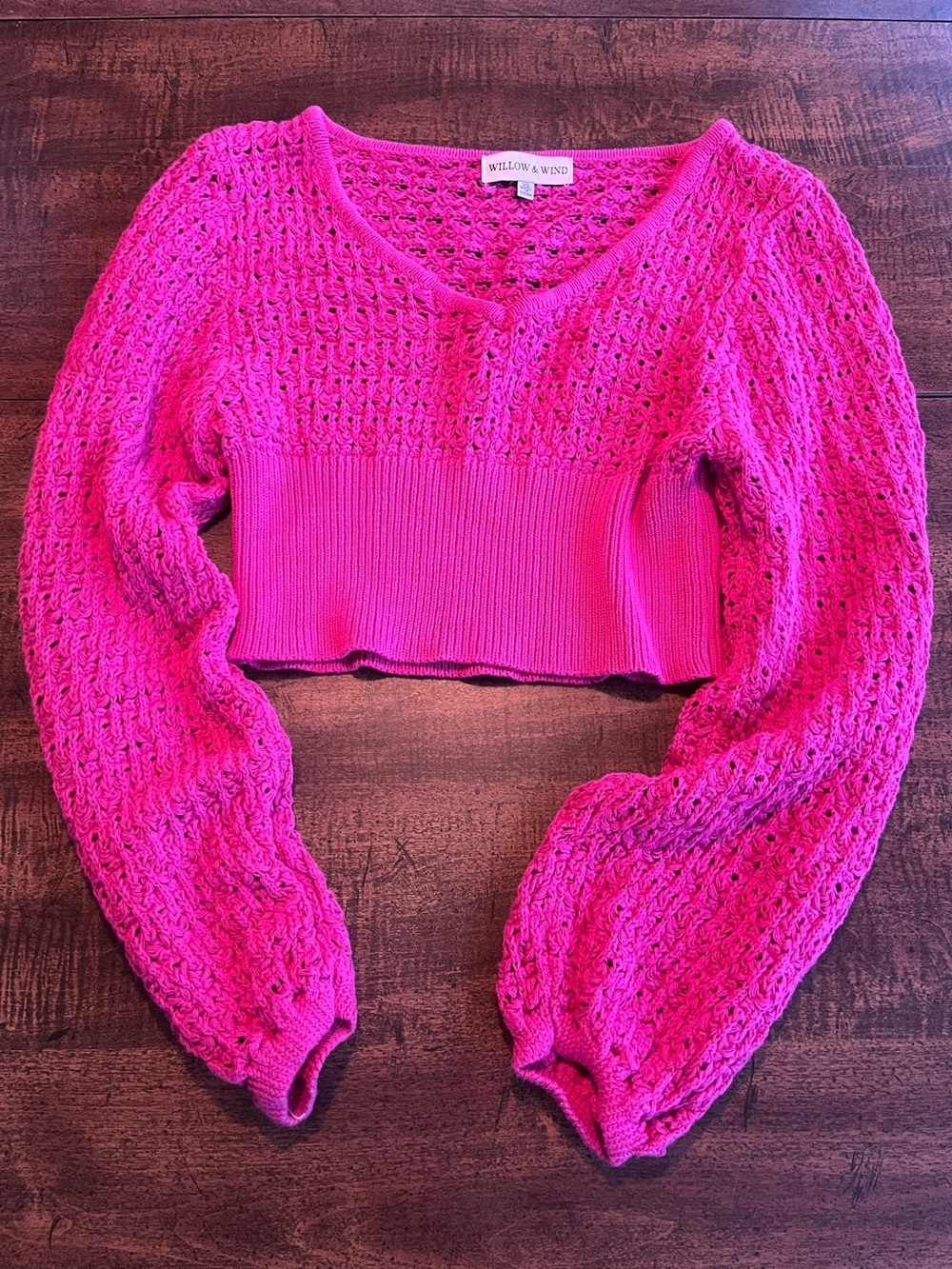 Willow & Wind Pink Open Knit Crochet Cropped Sweater XS Balloon Sleeve Festival
